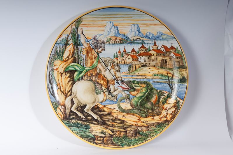 San Giorgio e il drago, piatto in ceramica policroma