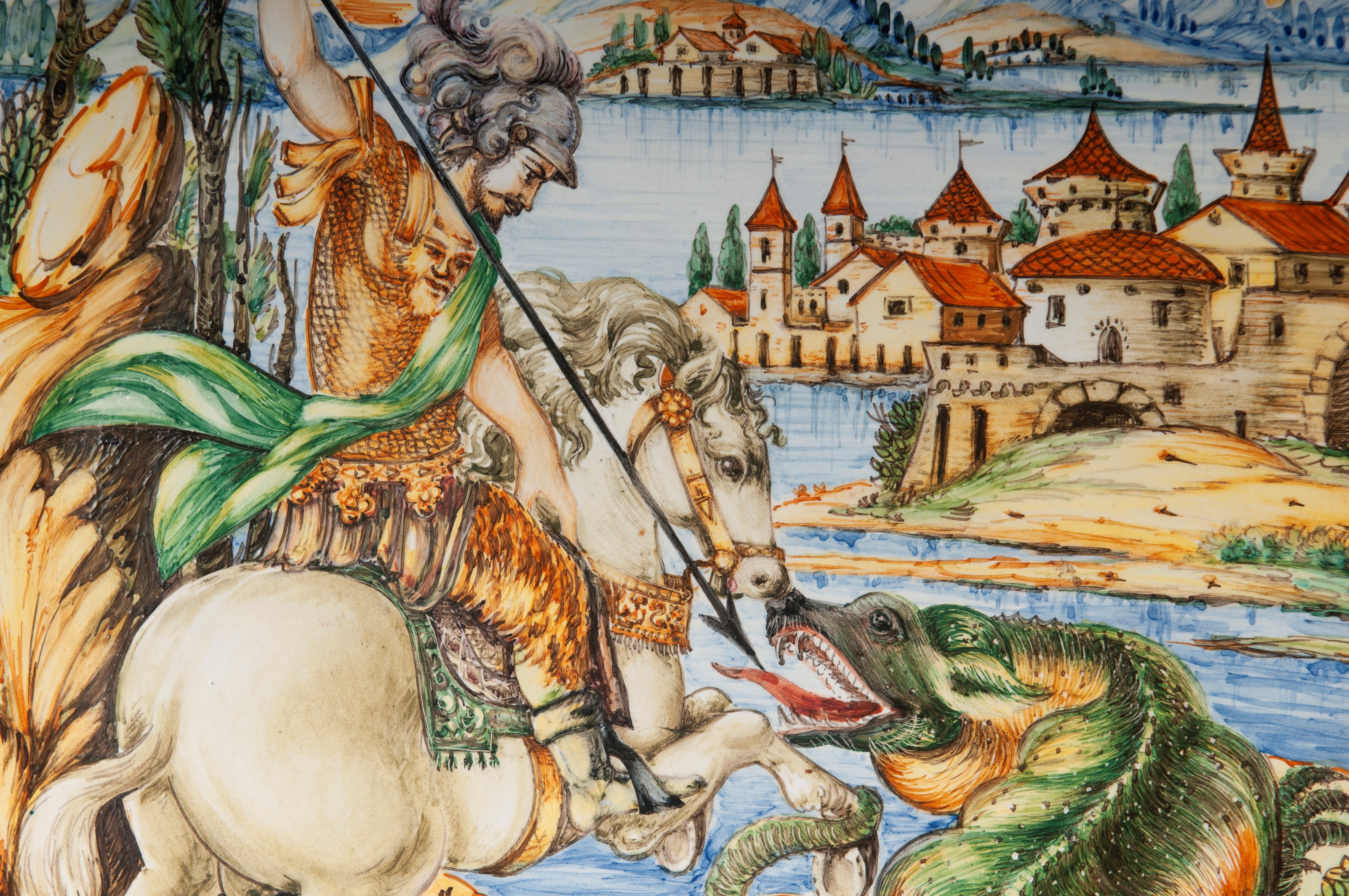 San Giorgio e il drago, piatto in ceramica policroma