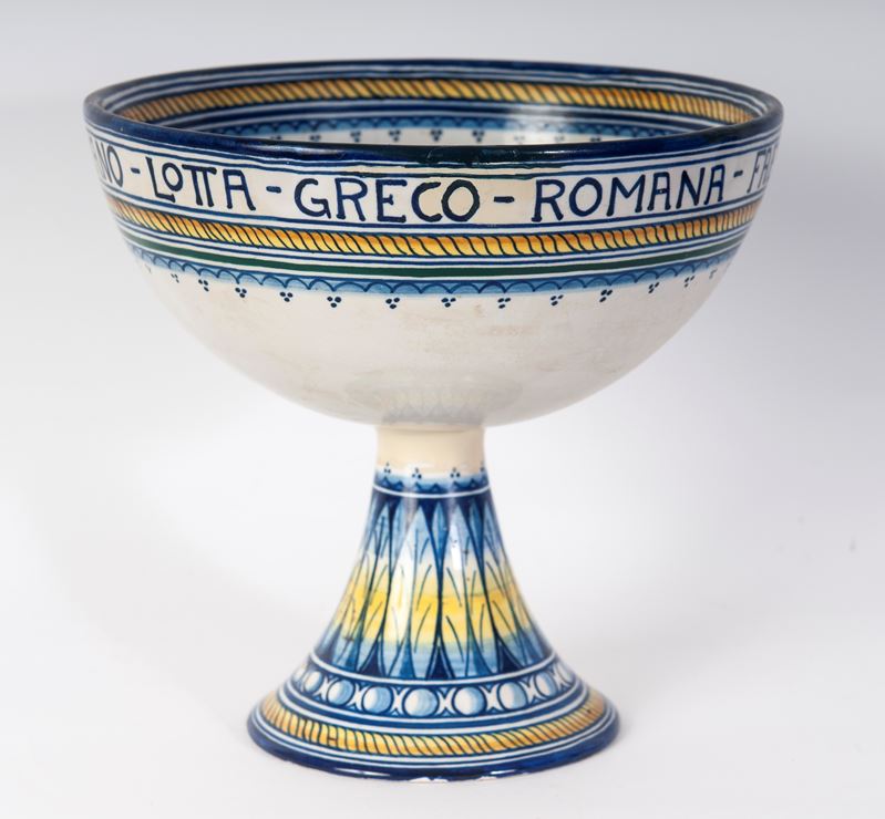 Coppa pubblicitaria in ceramica policroma