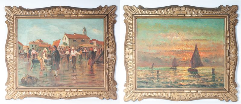 Paride Pozzato - Pescheria a Chioggia con marina, olio su tavola