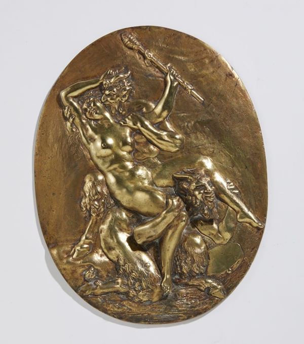 Claude Michel detto Clodion - Oval plaque with nymph and satyrs