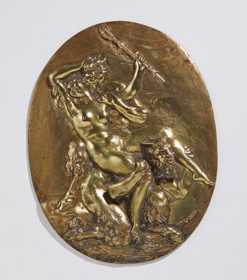 Placca ovale con ninfa e satiri