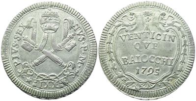 Stato Pontificio, Pio VI (1775-1799), 25 Baiocchi 1795 – Anno XXI (Mi, 9,47 g; 31 mm)