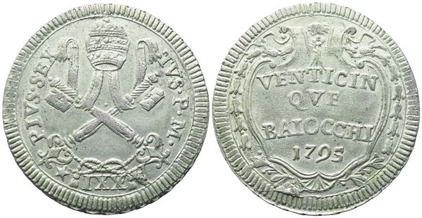 STATO PONTIFICIO. Roma. Pio VI (1775-1799). 25 Baiocchi 1795 – Anno XXI; Mi (9,47 g; 31 mm)
