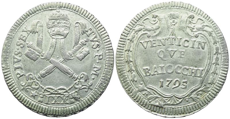 Stato Pontificio, Pio VI (1775-1799), 25 Baiocchi 1795 – Anno XXI (Mi, 9,47 g; 31 mm)