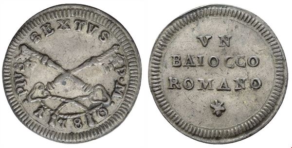 STATO PONTIFICIO. Roma. Pio VI (1755-1799). Baiocco 1780; Mi (0,84 g; 16,9 mm)
