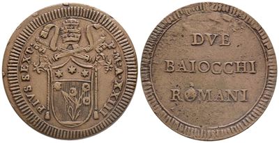 Stato Pontificio. Roma. Pio Vi (1775-1799). 2 Baiocchi Anno XXIII; Æ (17,32 G; 37 MM) Bb