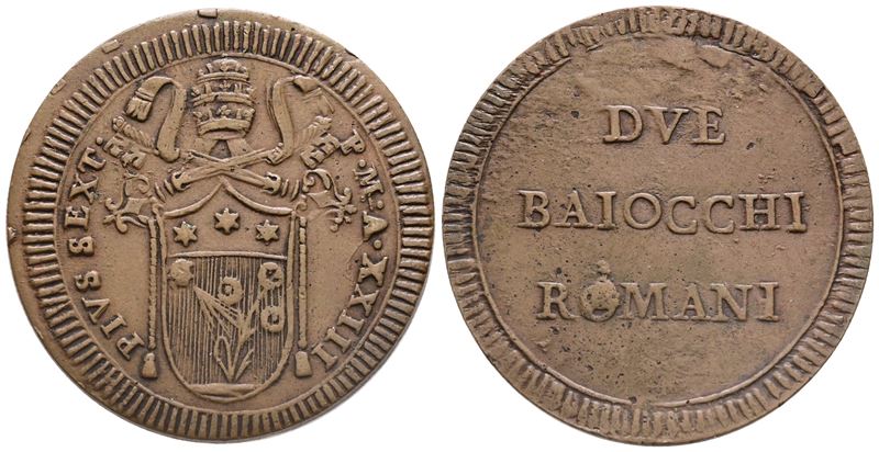 Stato Pontificio. Roma. Pio Vi (1775-1799). 2 Baiocchi Anno XXIII; Æ (17,32 G; 37 MM) Bb