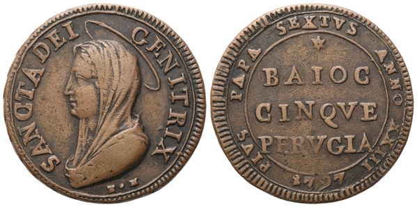 PAPAL STATES. PERUGIA. Pius VI (1775-1799), Madonnina da 5 Baiocchi 1797; Æ (17,90 g; 30,5 mm) BB