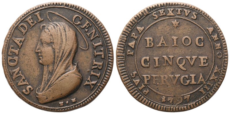 Stato Pontificio. Perugia. Pio Vi (1775-1799), Madonnina da 5 Baiocchi 1797; Æ (17,90 G; 30,5 MM)...