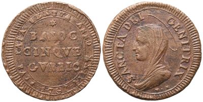 Pio VI (1775-1799), Madonnina da 5 baiocchi 1797 (Anno XXIII), Æ