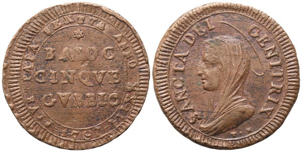 STATO PONTIFICIO. Gubbio. Pio VI (1775-1799). Madonnina da 5 Baiocchi 1797 – Anno XXIII; Æ (15,82 g; 33 mm)