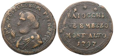 Stato Pontificio. Montalto. Pio Vi (1775-1799). Sampietrino Baiocchi Due e Mezzo 1797. Cu. Raro. ...