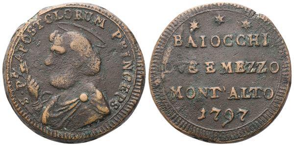 STATO PONTIFICIO. MONTALTO. Pio VI (1775-1799). Sampietrino Baiocchi Due e Mezzo 1797. Cu. Raro. Munt.378. BB