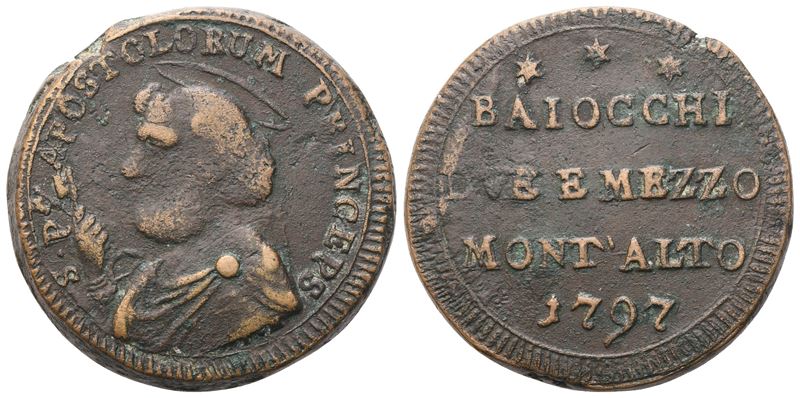 Stato Pontificio. Montalto. Pio Vi (1775-1799). Sampietrino Baiocchi Due e Mezzo 1797. Cu. Raro. ...