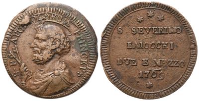 Pio VI, Stato Pontificio (San Severino), 2 baiocchi e mezzo 1769 (Æ)