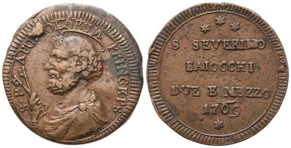 STATO PONTIFICIO. San Severino. Pio VI (1775-1799). 2 Baiocchi e mezzo 1769; Æ (15,73 g; 29,8 mm)
