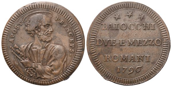 STATO PONTIFICIO. Roma. Pio VI (1775-1799). 2 Baiocchi e mezzo 1796; Cu (17,25 g; 30 mm)