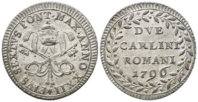 Pio VI, Stato Pontificio, 2 Carlini Roma 1796 (Anno XXII), zecca romana