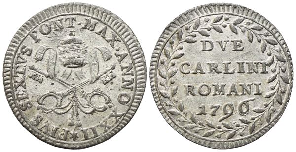 STATO PONTIFICIO. Roma. Pio VI (1775-1799). 2 Carlini 1796 – Anno XXII; Mi (4,25 g; 26 mm)