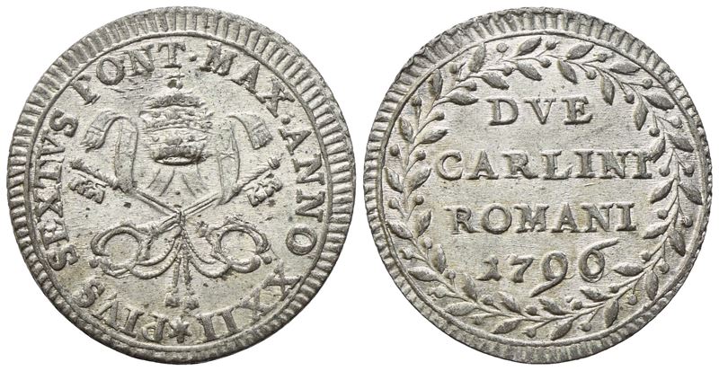 Pio VI, Stato Pontificio, 2 Carlini Roma 1796 (Anno XXII), zecca romana