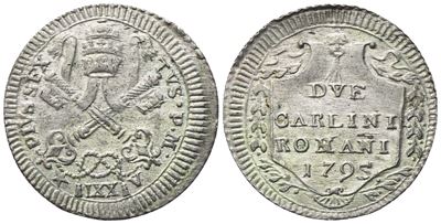 Pio VI, Due Carlini 1795 (Anno XXI), Stato Pontificio, Roma