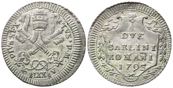STATO PONTIFICIO. Roma. Pio VI (1775-1799). 2 Carlini 1795 – Anno XXI; Mi (5,70 g; 28 mm)