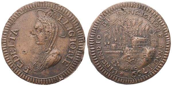 RONCIGLIONE. Occupazione austriaca (dicembre 1799 - giugno 1800). 3 Baiocchi o Madonnina dell'Incendio, 1799; Cu (17,44 g; 32,5 mm)