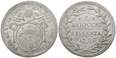 Pio VI, Stato Pontificio. Roma, 60 Baiocchi 1796 – Anno XXII, argento