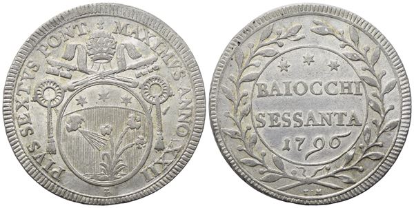 STATO PONTIFICIO. Roma. Pio VI (1775-1799). 60 Baiocchi 1796 – Anno XXII; Ag (22,20 g; 37 mm)