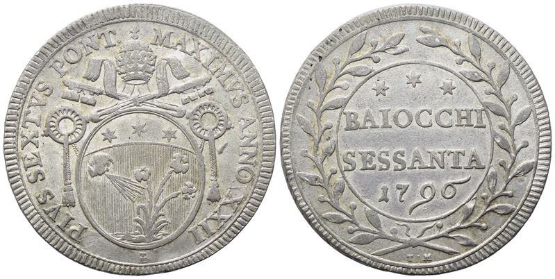 Pio VI, Stato Pontificio. Roma, 60 Baiocchi 1796 – Anno XXII, argento