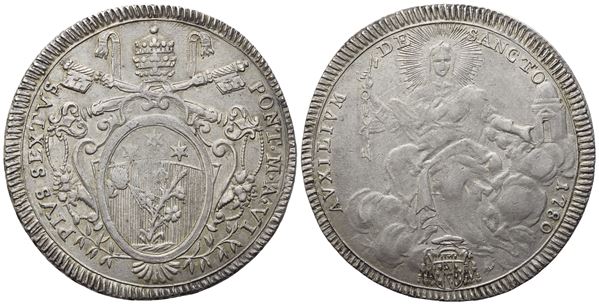STATO PONTIFICIO. Roma. Pio VI (1775-1799). Scudo 1780 – Anno VI; Ag (26,43 g; 41,5 mm)