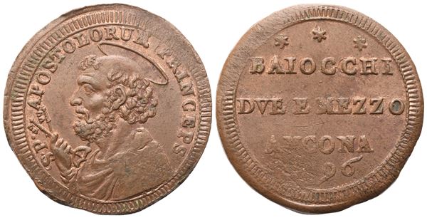 STATO PONTIFICIO. Ancona. Pio VI (1775-1799). Due Baiocchi e mezzo 1796; Cu (15,46 g; 30,4 mm)