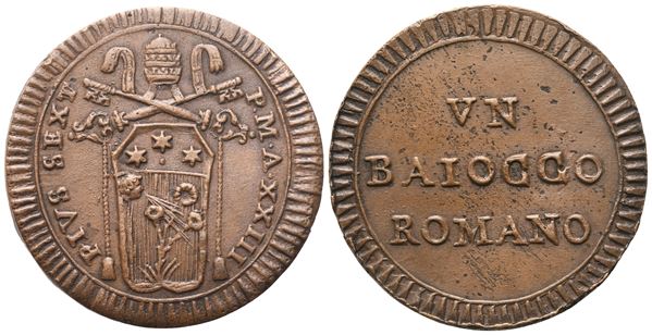 STATO PONTIFICIO. Roma. Pio VI (1775-1799). Baiocco 1797; Cu (9,11 g; 29,8 mm)
