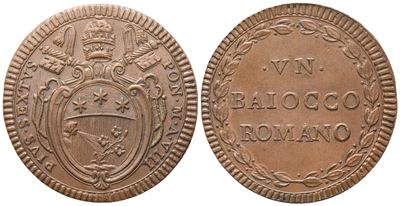 Stato Pontificio, Baiocco romano Anno VIII (Pio VI), Cu 33 mm