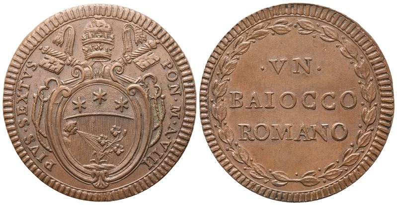 Stato Pontificio, Baiocco romano Anno VIII (Pio VI), Cu 33 mm