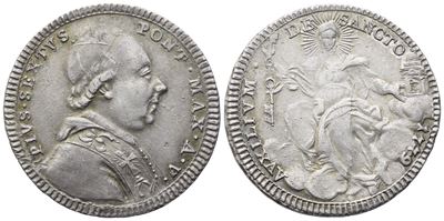 Pio VI, Doppio Giulio 1779 – Anno V, Ag 5,20 g (25 mm) – Stato Pontificio