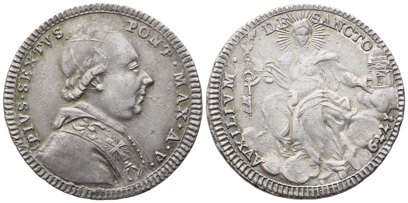 Pio VI, Doppio Giulio 1779 – Anno V, Ag 5,20 g (25 mm) – Stato Pontificio