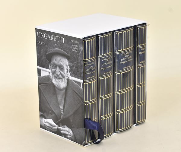 Opere di Giuseppe Ungaretti. Vita d'un uomo. I Meridiani Mondadori, edizioni miste. Serie completa in 4 volumi con cofanetto rigido editoriale