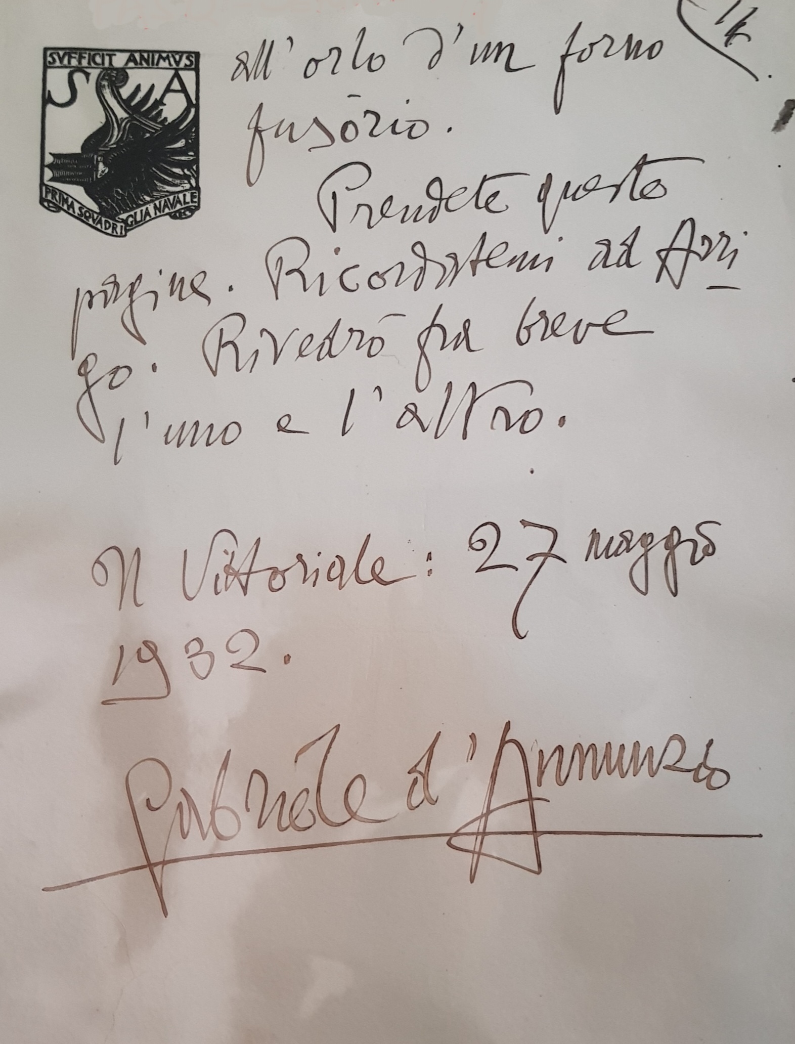 D'annunzio, Gabriele - Lettera a Pasquinelli - 1932