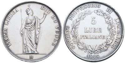 Milano. Governo Provvisorio di Lombardia (1848). 5 Lire 1848; Ag (24,91 G; 37 MM) Gig.3. Bb/spl