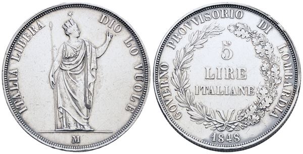 MILANO. Governo Provvisorio di Lombardia (1848). 5 Lire 1848; Ag (24,91 g; 37 mm) Gig.3. BB/SPL