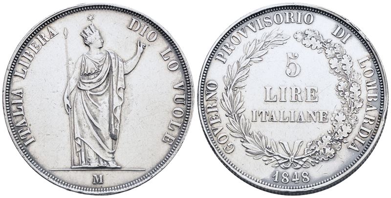 Milano. Governo Provvisorio di Lombardia (1848). 5 Lire 1848; Ag (24,91 G; 37 MM) Gig.3. Bb/spl
