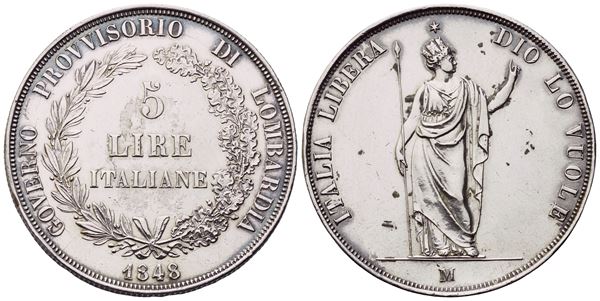 MILANO. Governo Provvisorio di Lombardia (1848). 5 Lire 1848; Ag (24,96 g; 37 mm)