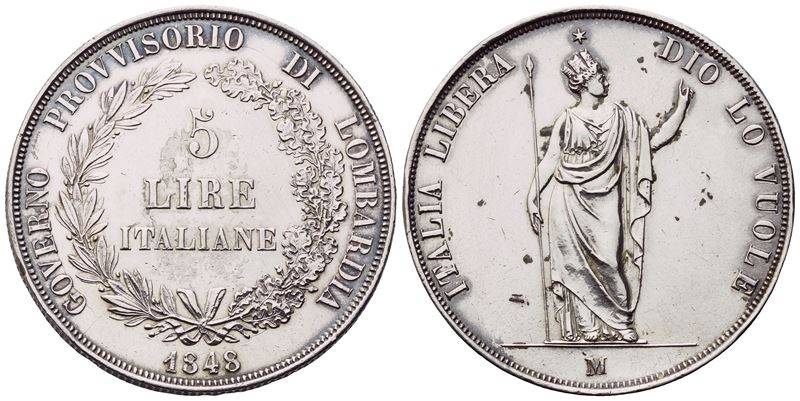 MILANO. Governo Provvisorio di Lombardia (1848). 5 Lire 1848; Ag (24,96 g; 37 mm)