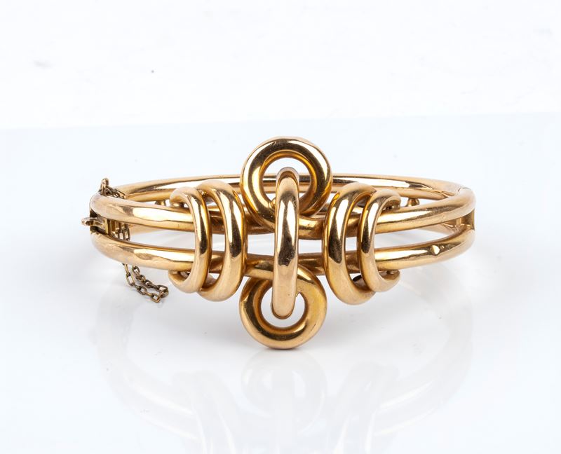 XIX secolo, Bracciale tubolare in oro giallo a doppia fascia intrecciata a nodo