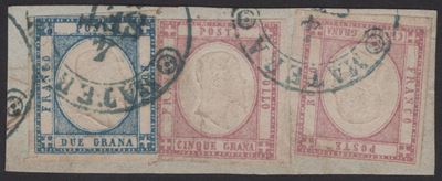Prov. Napoletane, Frammento bicolore 1861 - 2gr. azzurro n.20b e 5gr. rosa lilla n.21b