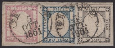 Prov. Napoletane, Frammento tricolore 1861 con affrancatura da 5 gr. lilla, 2 gr. indaco chiaro e...