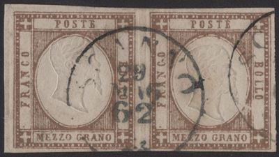 Prov. Napoletane, 1/2 gr. bruno n.18d in coppia annullata a Scanno, 1862