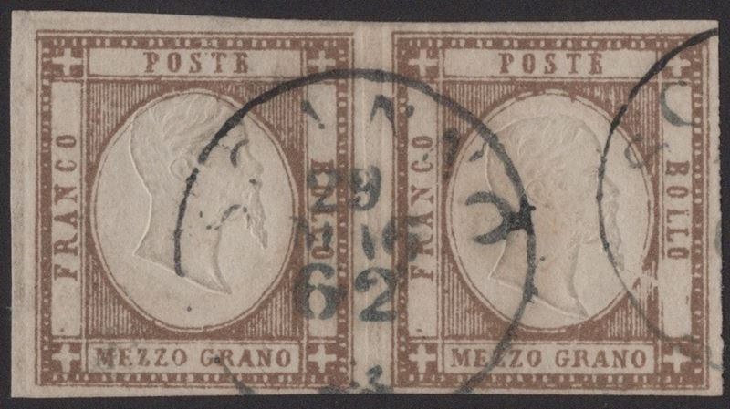 Prov. Napoletane, 1/2 gr. bruno n.18d in coppia annullata a Scanno, 1862